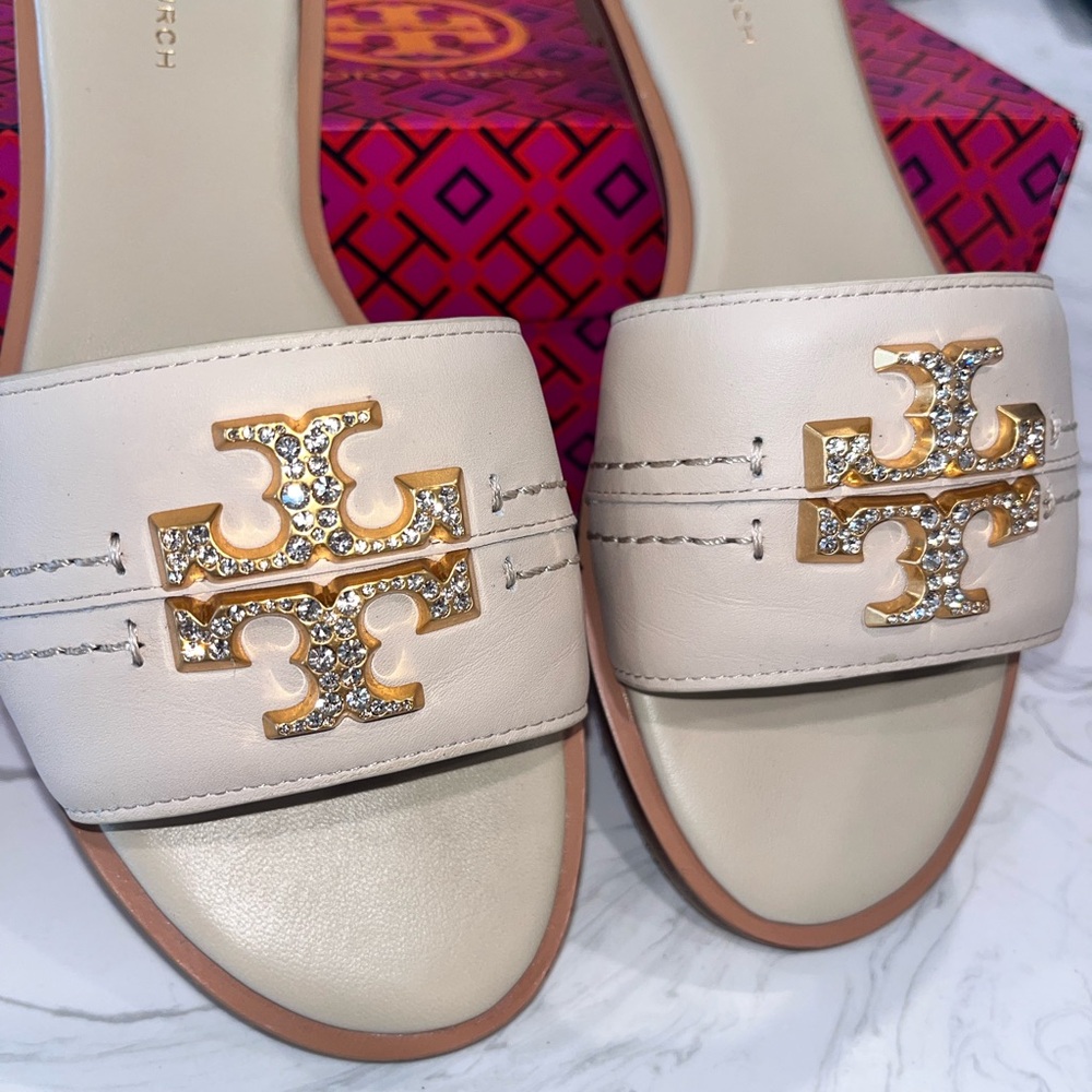 Tory Burch Dulce De Leche Leather Slide Sandals with Gold Crystal Logo